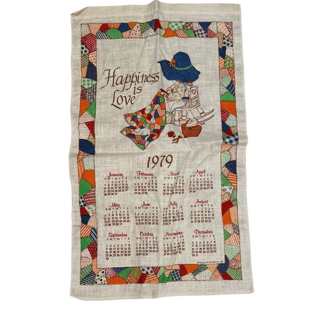 Vtg '79 Stevens Linen Calendar Tea Towel Happiness is Love Quilt Cat Cottagecore
